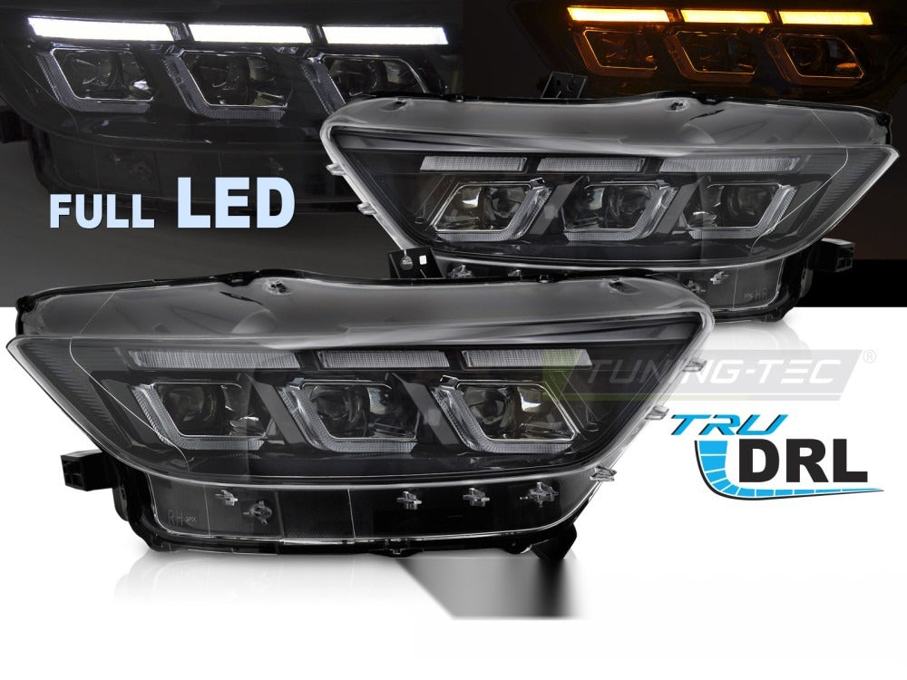 Detaljbilde av frontlykter Ford Mustang 14-17 med detaljer.