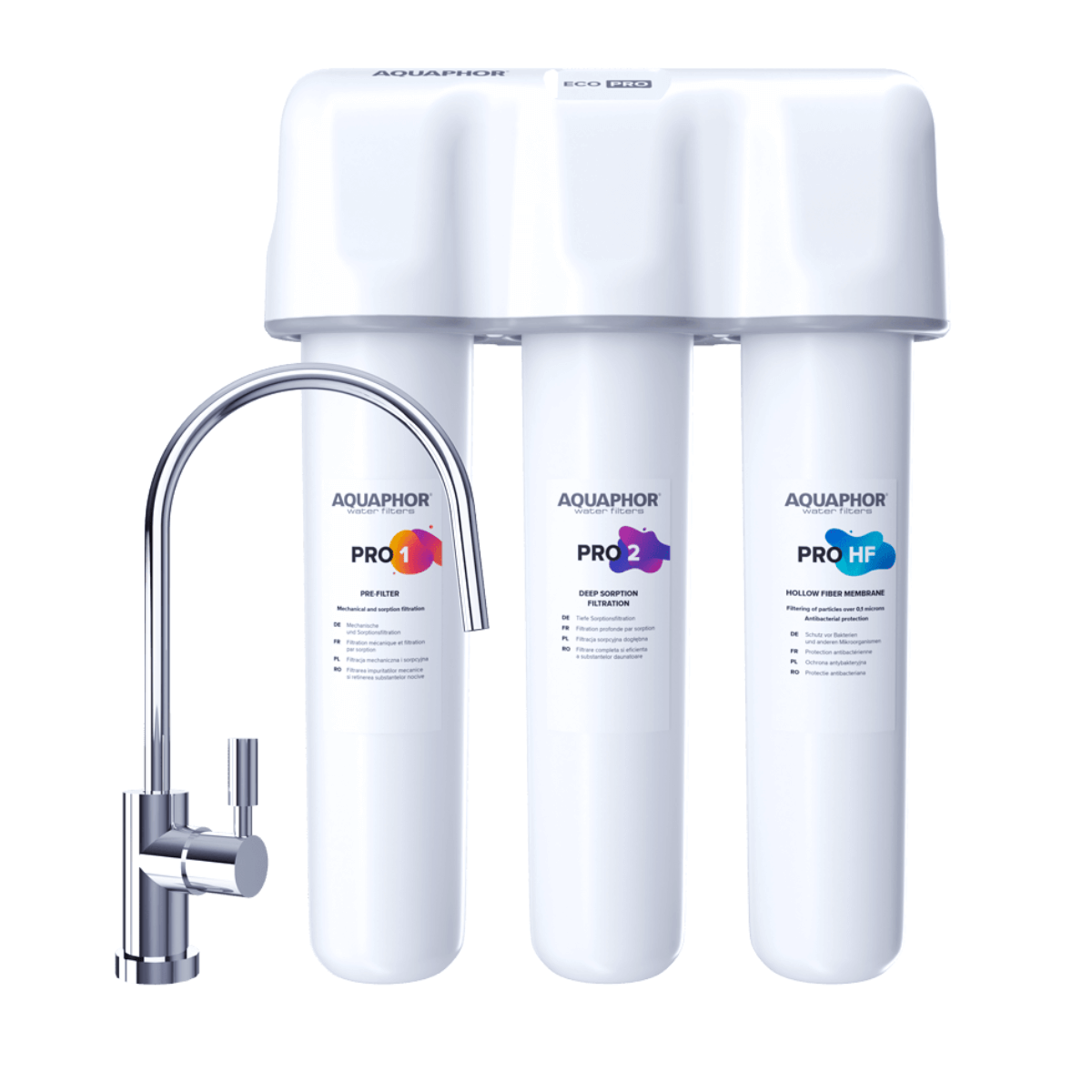 Aquaphor Eco Pro vannfilter med tre patroner Pro 1, Pro 2 og Pro HF og forkrommet kran, frontvisning.