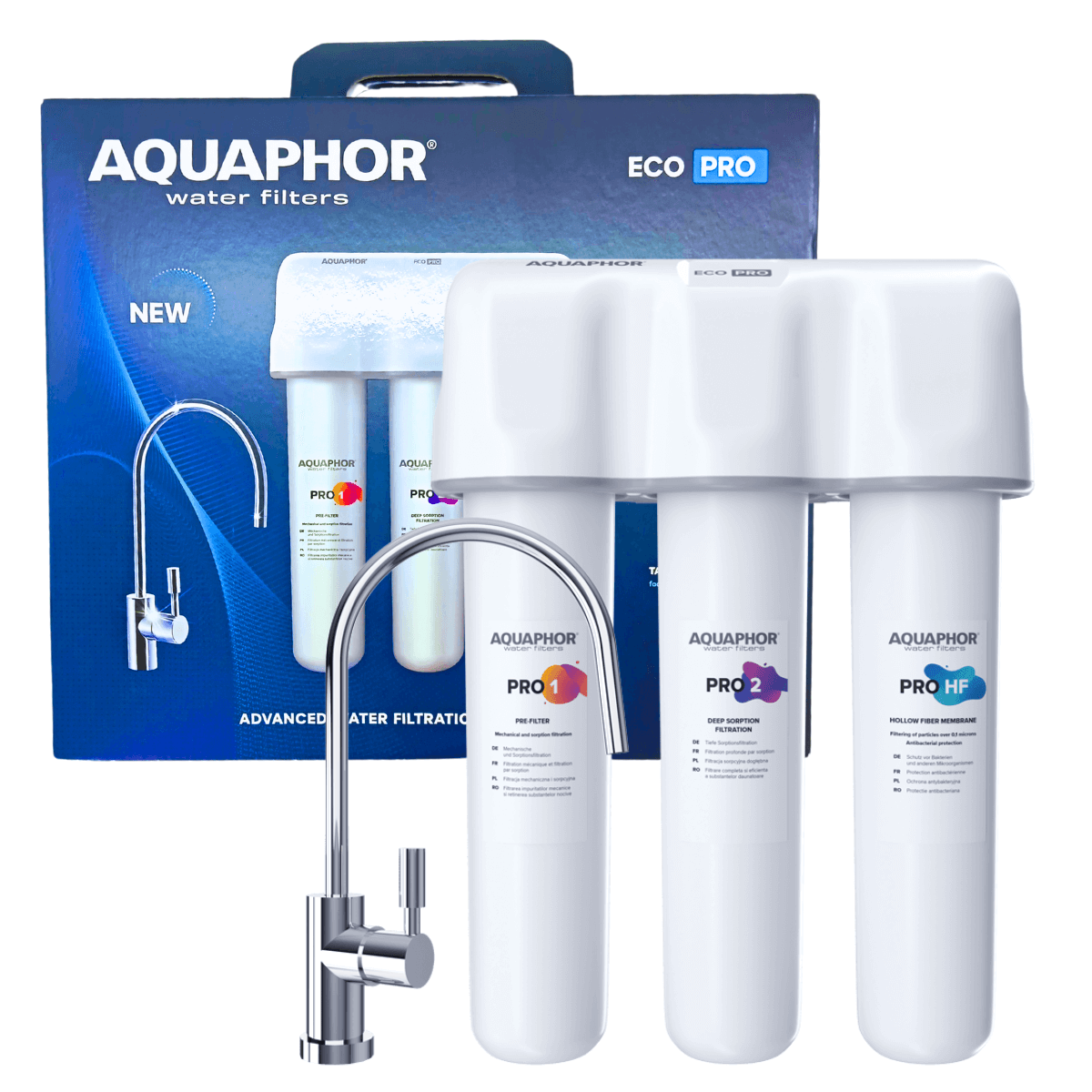 Aquaphor Eco Pro vannfiltersett med original eske, tappekran og patroner Pro 1, Pro 2 og Pro HF.