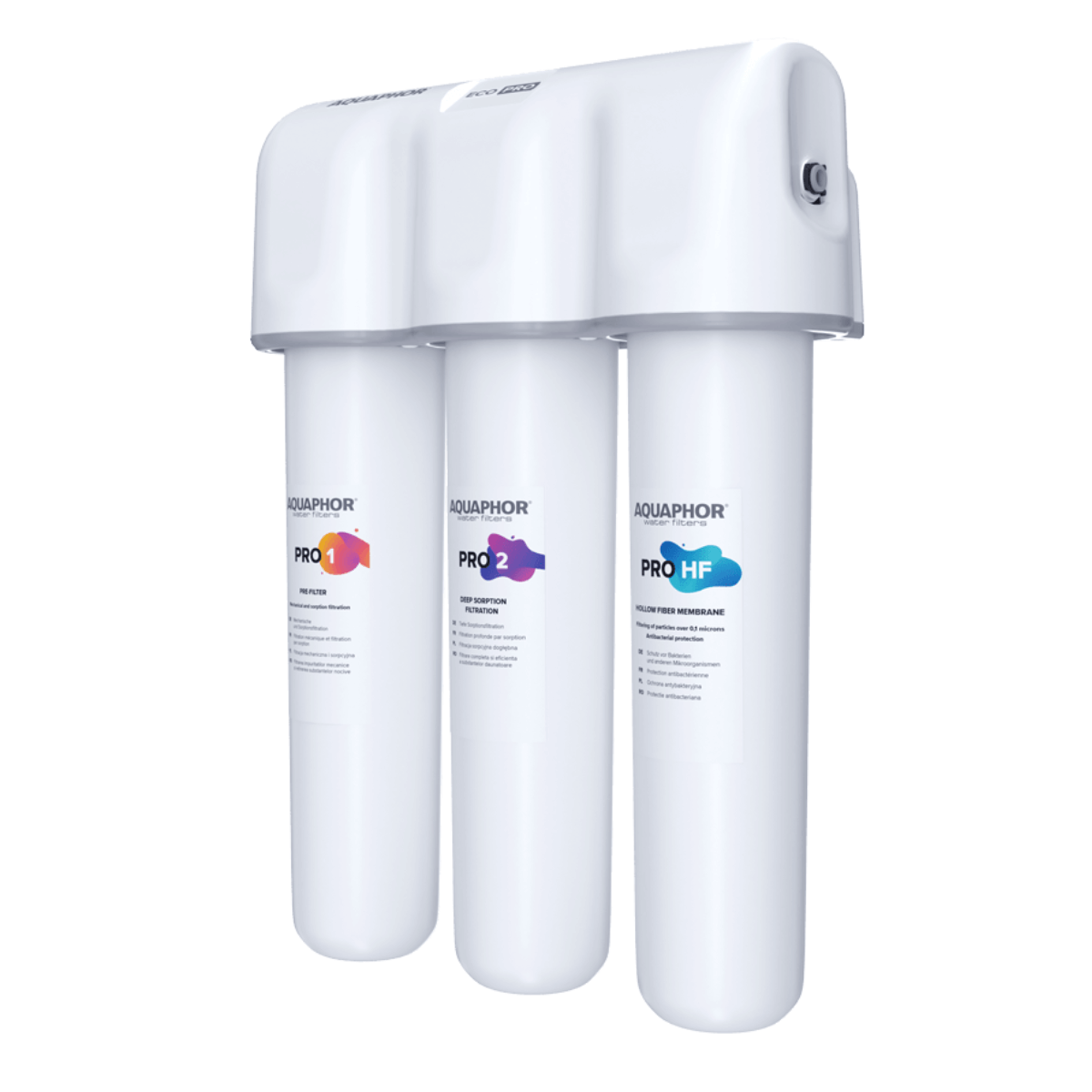 Aquaphor Eco Pro filterenhet med tre patroner Pro 1, Pro 2 og Pro HF i hvit holder, skråvisning.