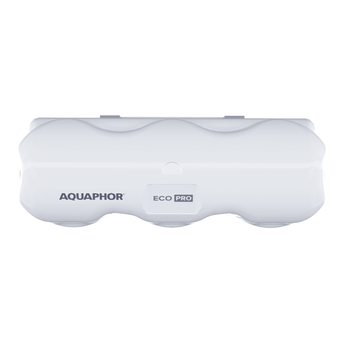 Toppdel av Aquaphor Eco Pro vannfilter med AQUAPHOR ECO PRO-logo, sett ovenfra.