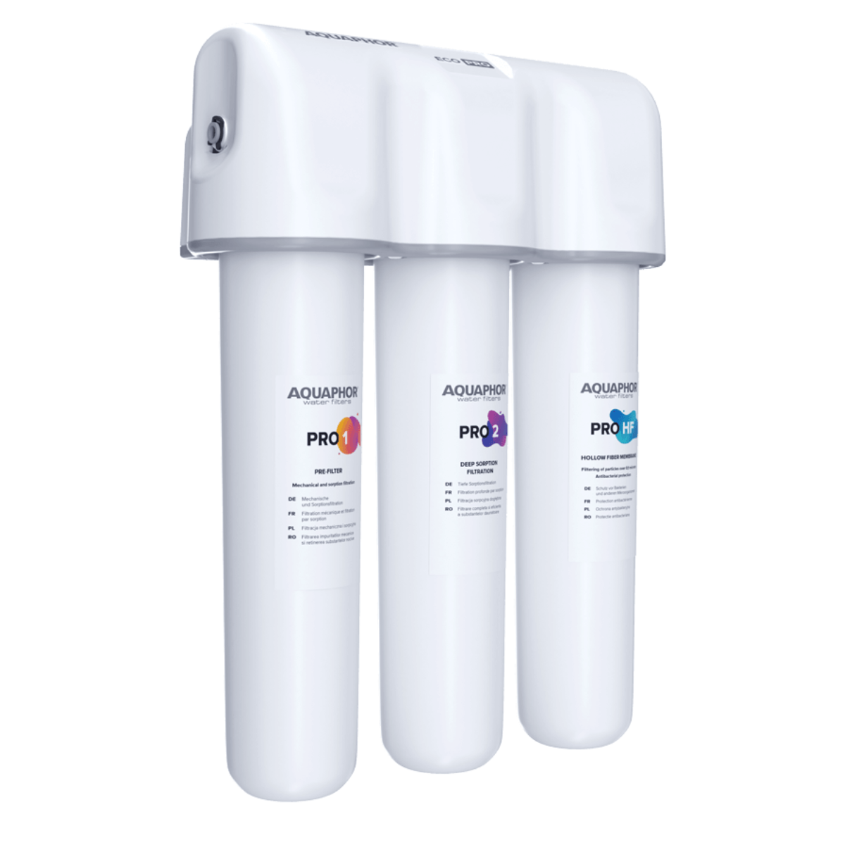 Aquaphor Eco Pro undervask-vannfilter med Pro 1, Pro 2 og Pro HF patroner, sidevisning.