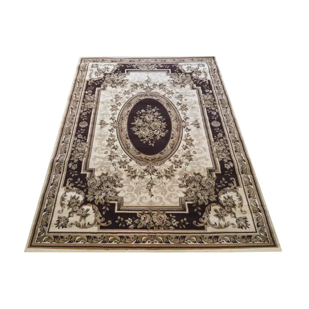 Eksklusiv bronse rektangulært teppe 300 x 400 cm, sett ovenfra med klassisk blomsterdekor og uthevet ramme.