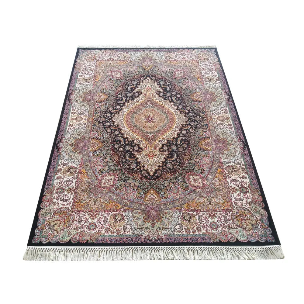 Eksklusiv Tepe Pers 03 Navy teppe 150x230 cm, orientalsk mønster i blåtoner med frynser, sett ovenfra.