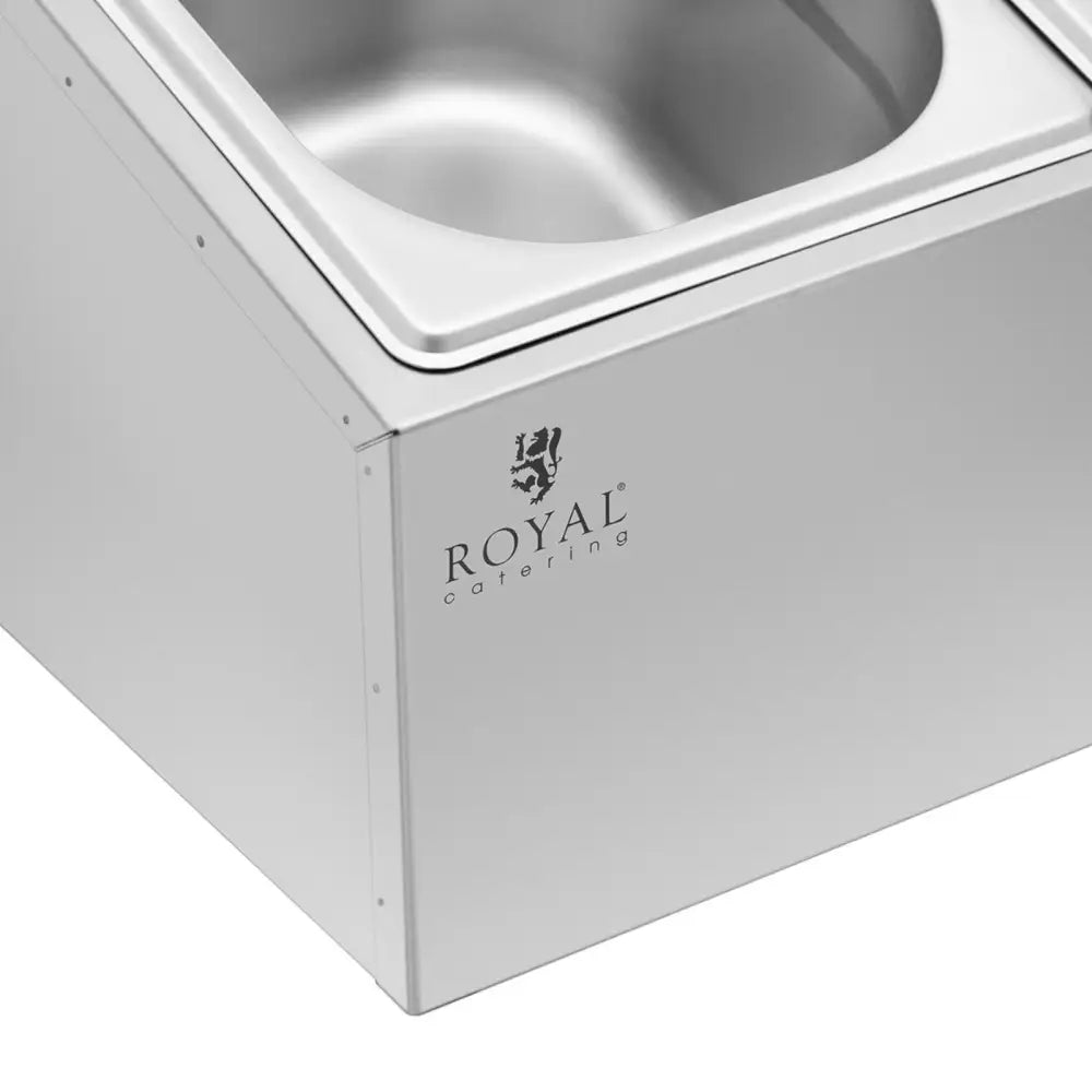 Ekspansjonsstativ for matkontainere GN 1/6, nærbilde av beholder med lokk og Royal Catering-logo.