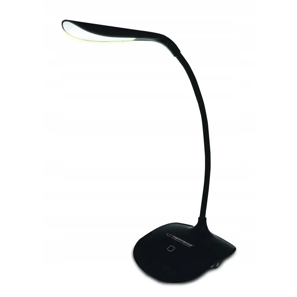 Esperanza Acrux LED skrivebordslampe i svart med fleksibel hals og buet hode, sett fra skrå vinkel.
