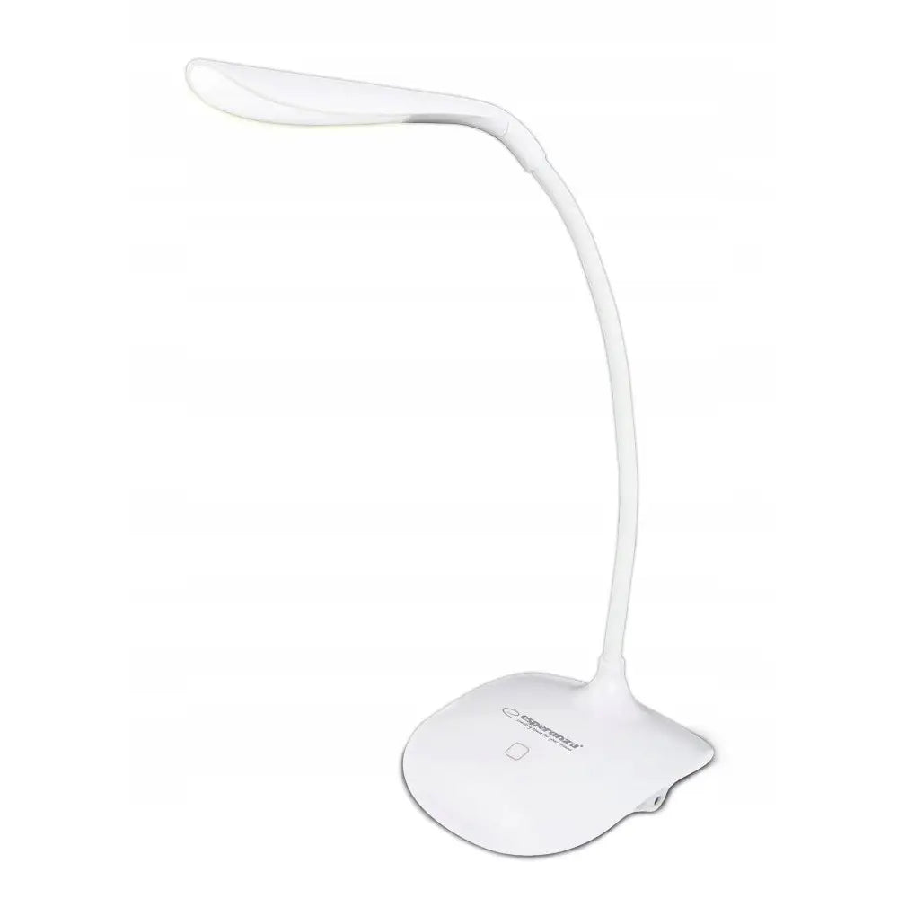 Esperanza Acrux hvit LED skrivebordslampe med fleksibel hals og berøringsknapp, sett fra siden.