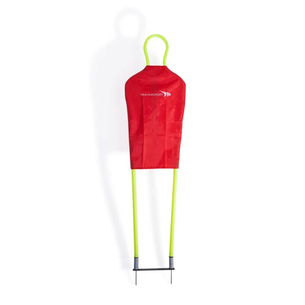 Treningsfigur med neon-gule stenger og rødt trekk, frontvisning med rund overdel og hvit logo på stoffet.