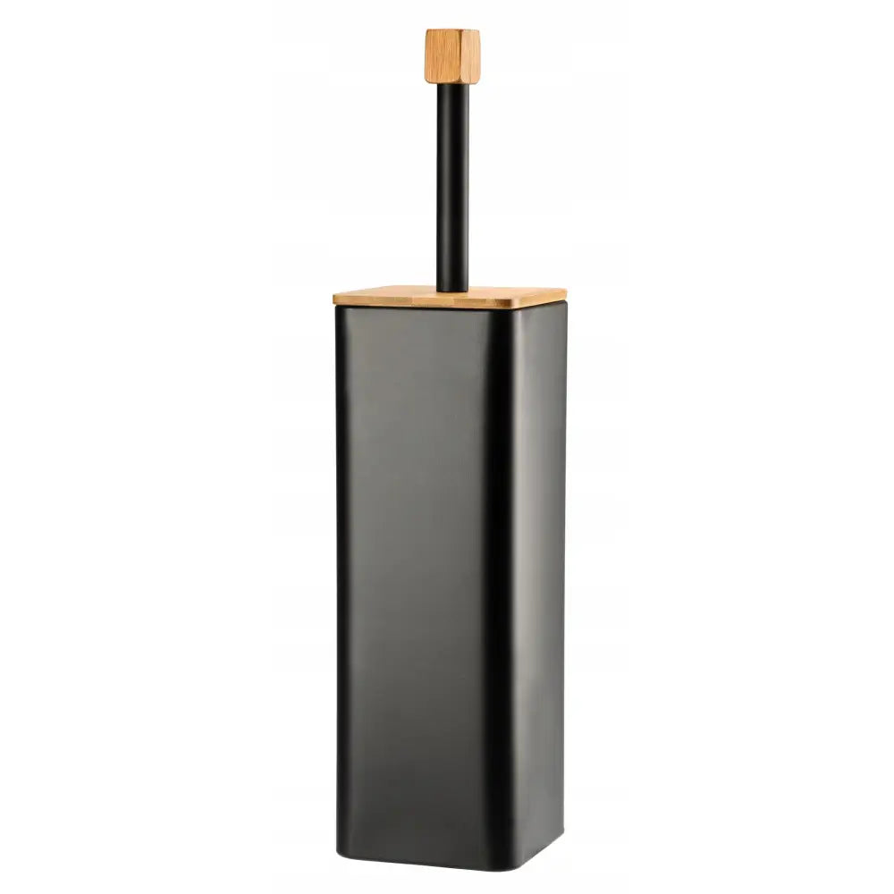 Elegant bambus toalettbørste i sort metall med firkantet beholder og lokk i lyst tre, sett fra skrå vinkel.