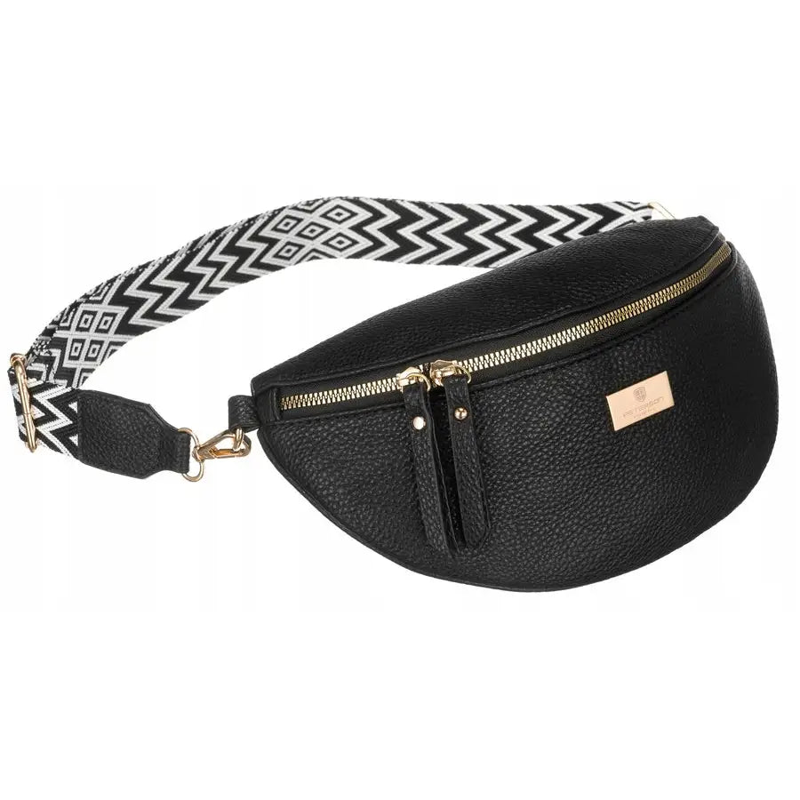 Elegant sort mageveske i kunstlær med gullglidelås, zigzag-mønstret rem og diamantdetaljer.