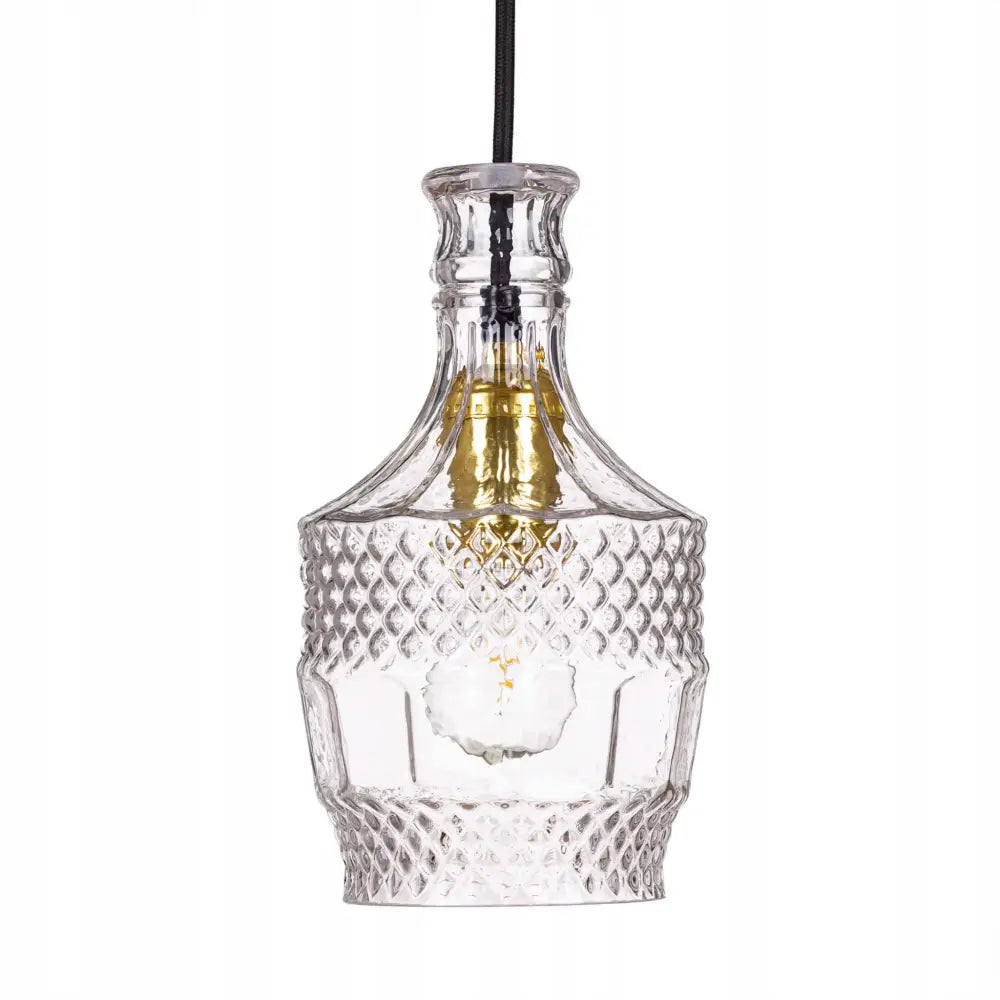 Elegant glasskrystall hengelampe med klart, strukturert glass og gullfarget pæreholder, avlang karaffelform.