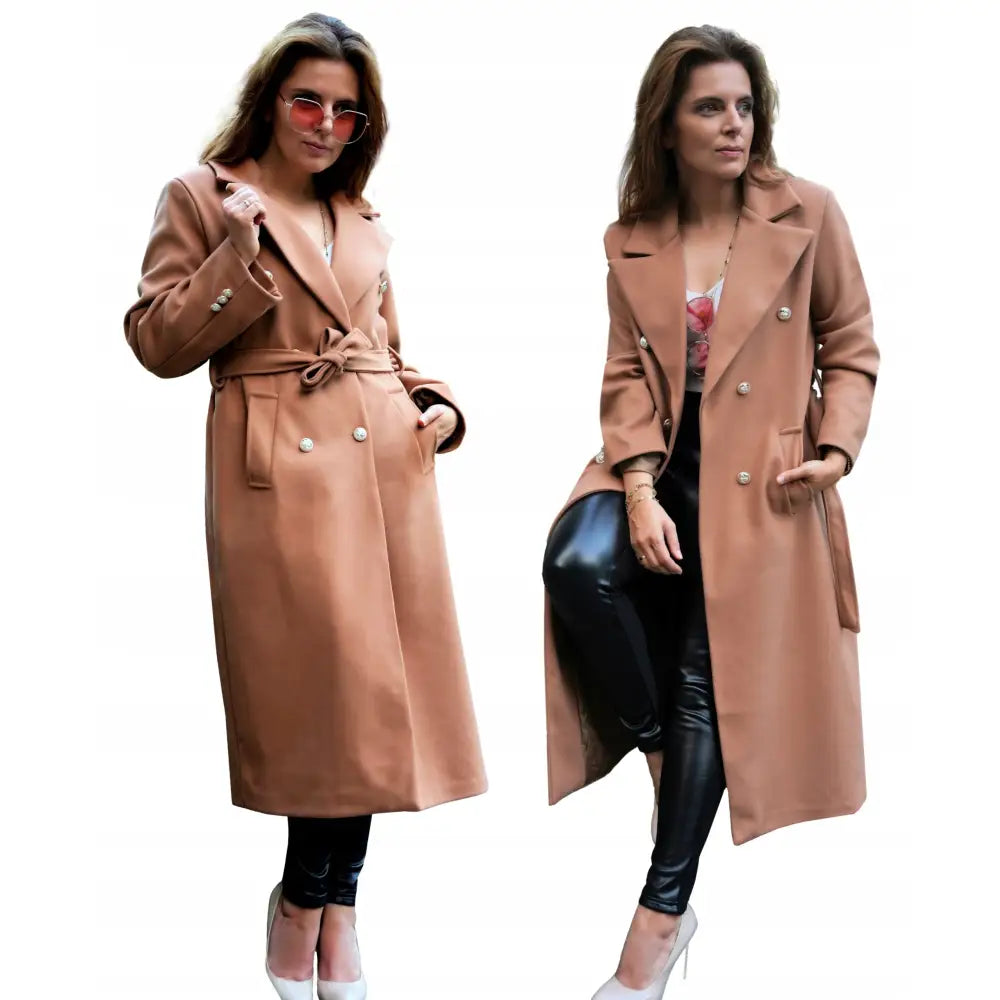 Elegant Overgangsfrakk med Gullknapper Kamel