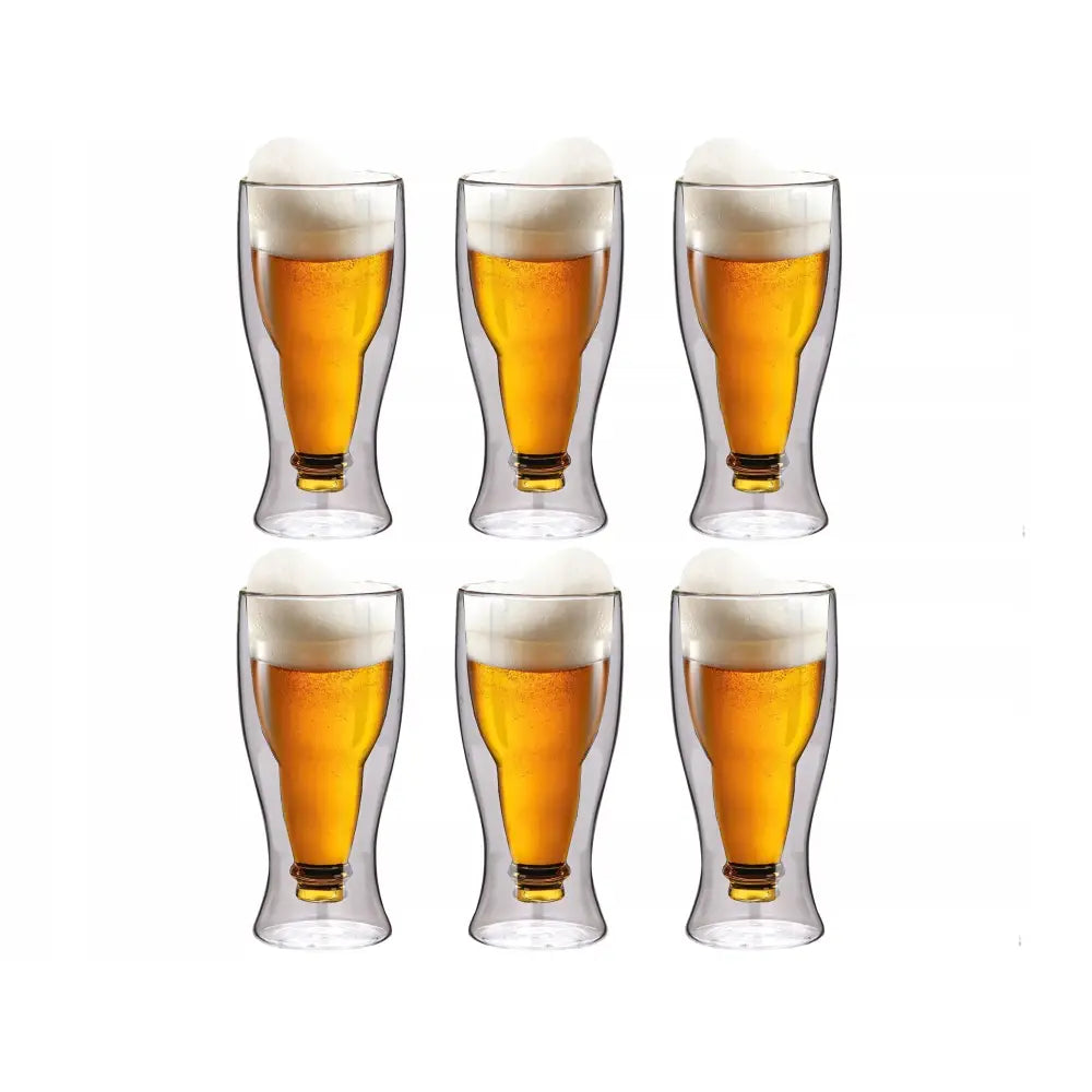 Elegante termiske ølglass krus 500ml, seks doble glass med øl, tydelig ølkrus-form og gult innhold.
