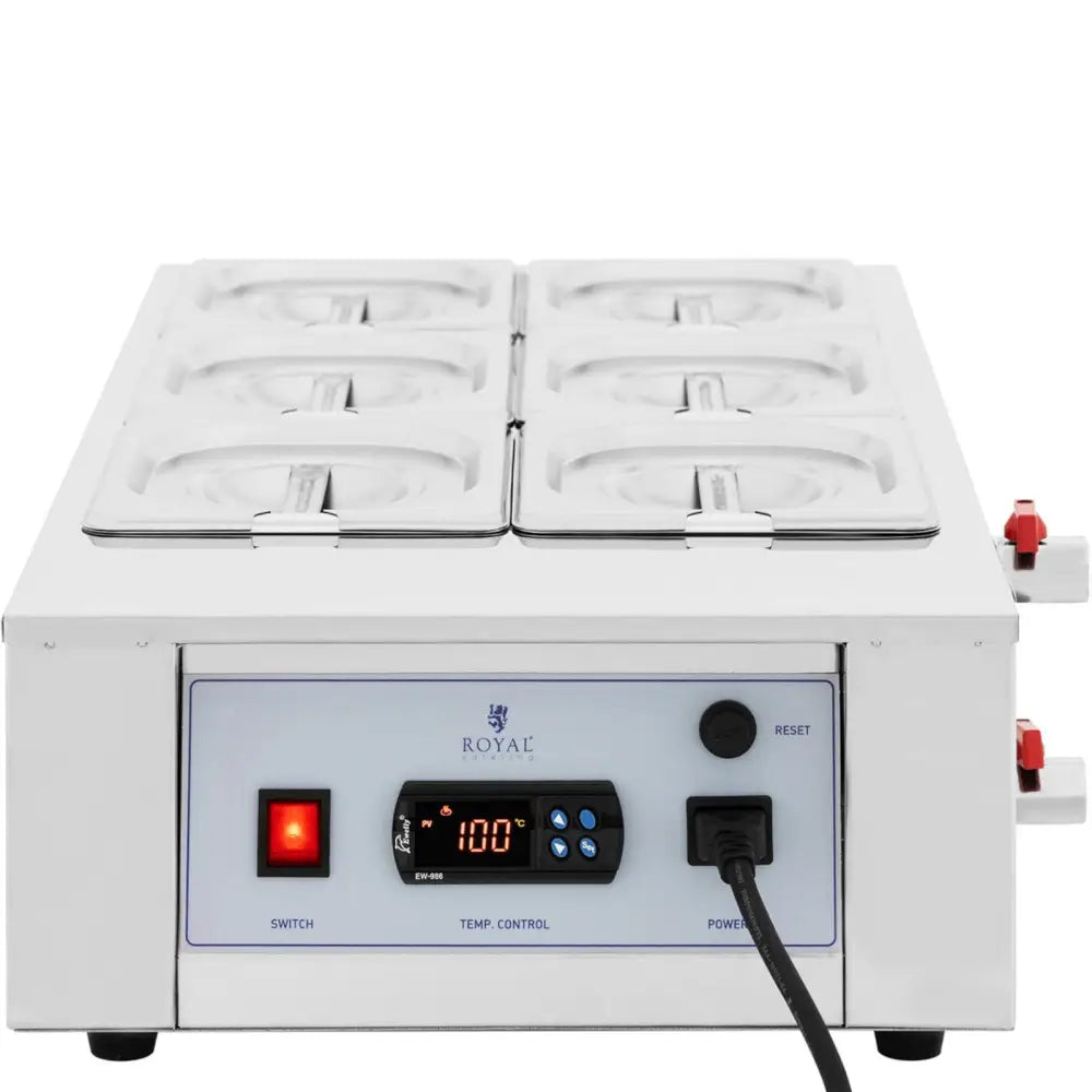 Elektrisk sjokolade- og sausoppvarmer med seks beholdere, frontvisning av digitalt kontrollpanel og lokk.
