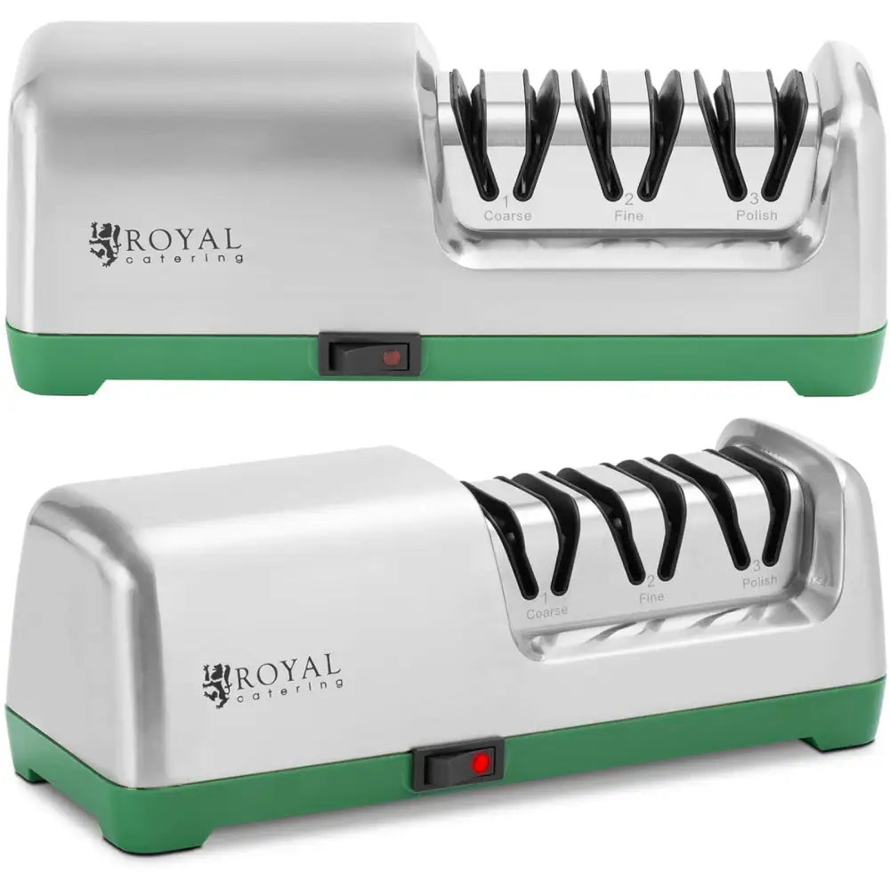 Elektrisk diamantknivsliper med tre slipenivåer, sett fra siden, viser sporene Coarse, Fine og Polish.