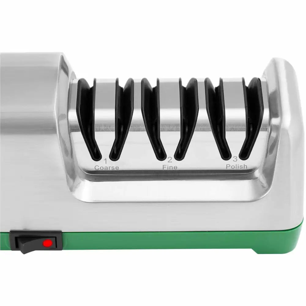 Elektrisk diamantknivsliper med tre merkede slipekanaler for grovsliping, finsliping og polering, sidevisning.