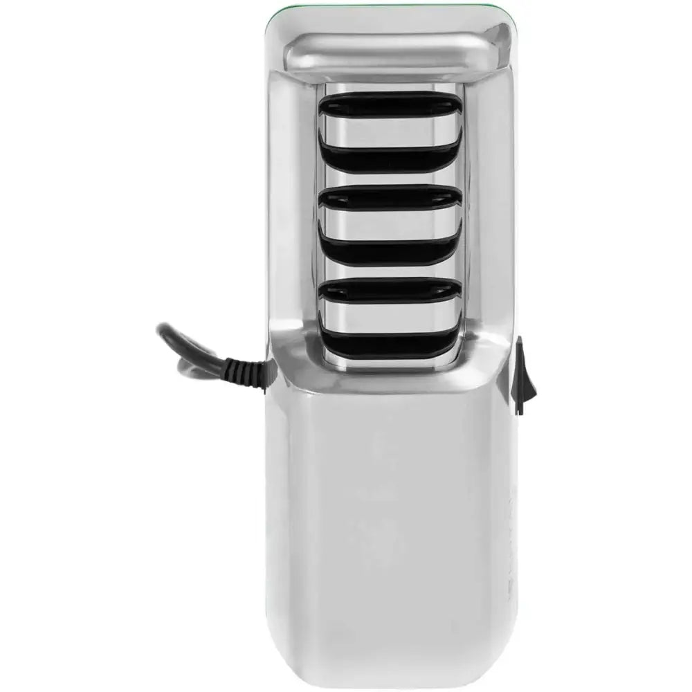 Elektrisk diamantknivsliper i rustfritt stål, toppvisning av fire sorte spor og synlig ledning til venstre.