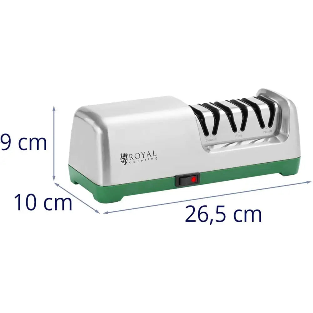 Elektrisk 3-nivå diamantknivsliper i sølv og grønn, sideprofil med mål markert på bildet.