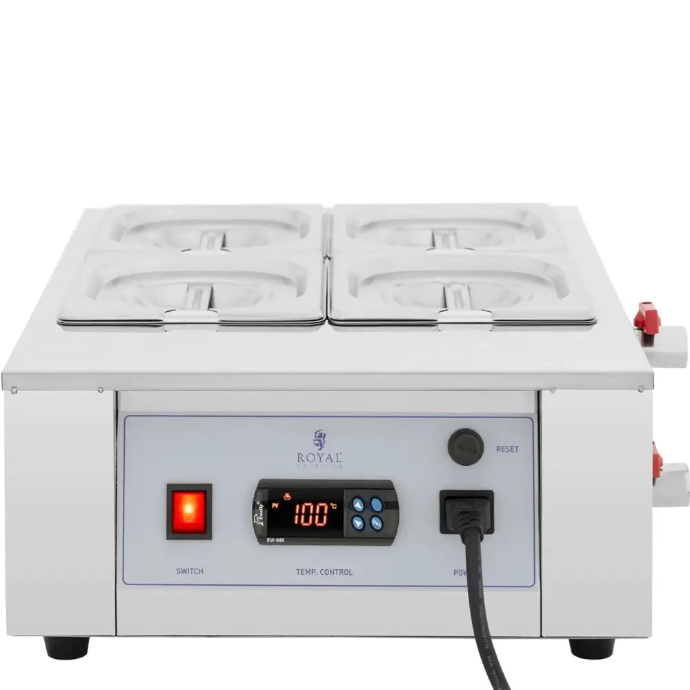 Elektrisk kokesjokolade fondueapparat med fire rustfrie beholdere, digitalt kontrollpanel og lokk.