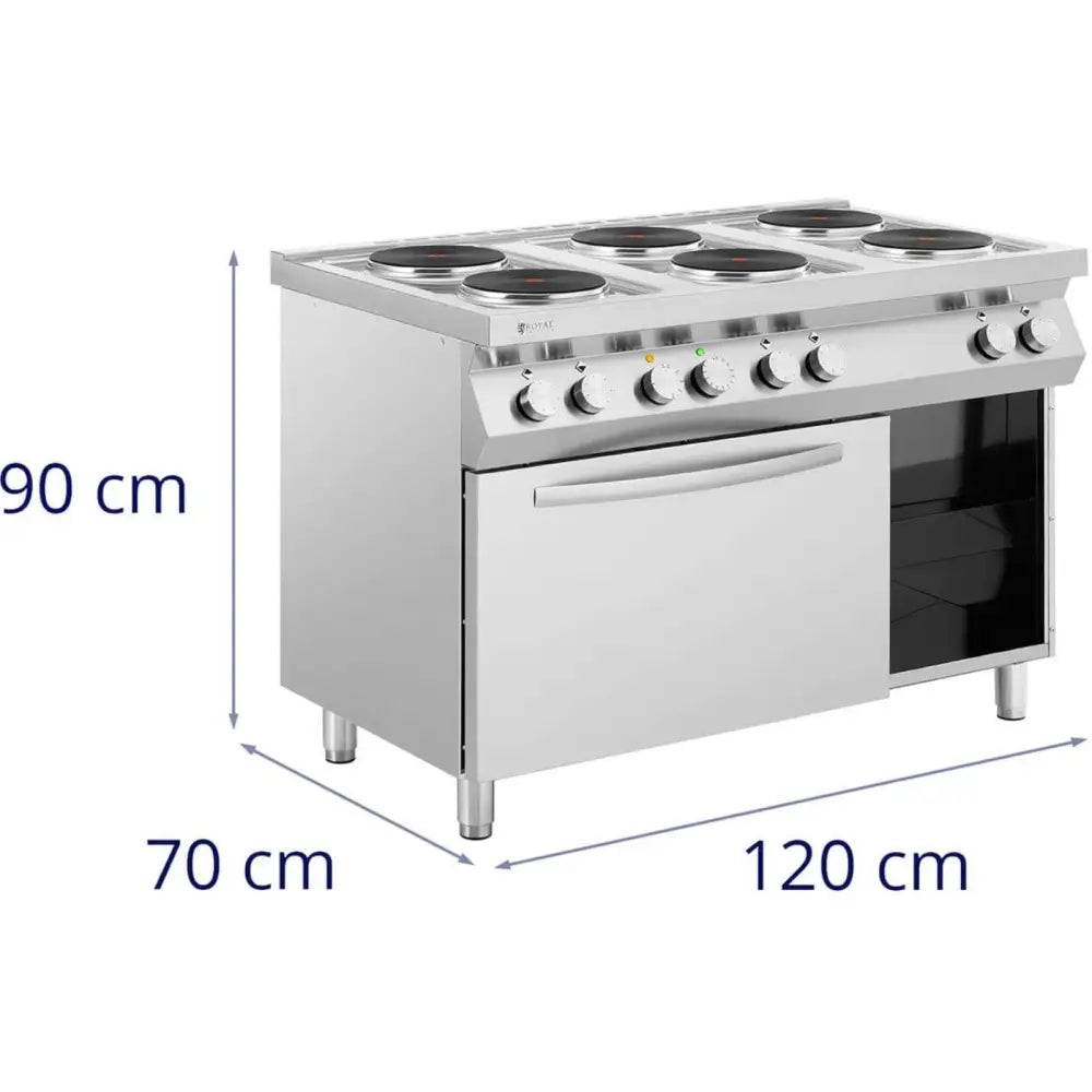 Elektrisk 6-brenners komfyr i rustfritt stål, seks kokeplater, frontpanel og synlige mål ved siden av.