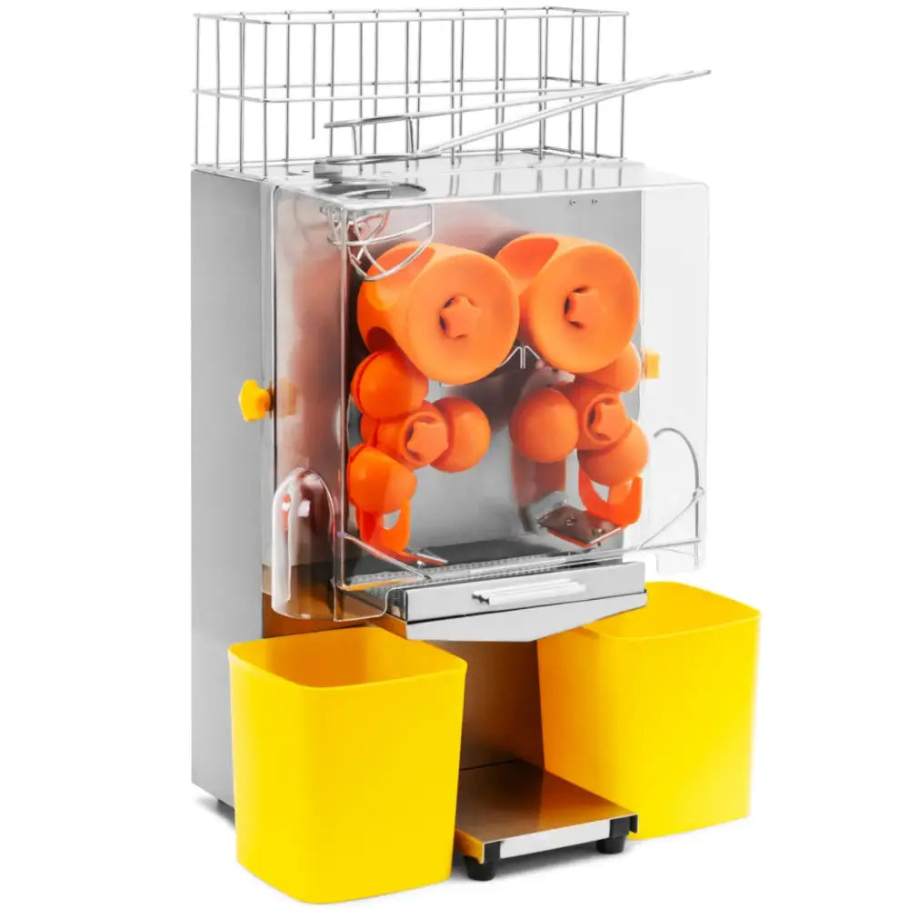 Elektrisk appelsinpress, skrå forfra med synlige oransje pressehjul og to gule avfallsbeholdere nederst.