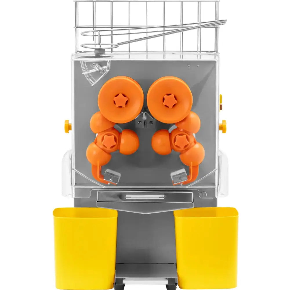 Elektrisk appelsinpress, frontvisning med oransje pressehjul, gule avfallsbokser og gjennomsiktig topplokk.