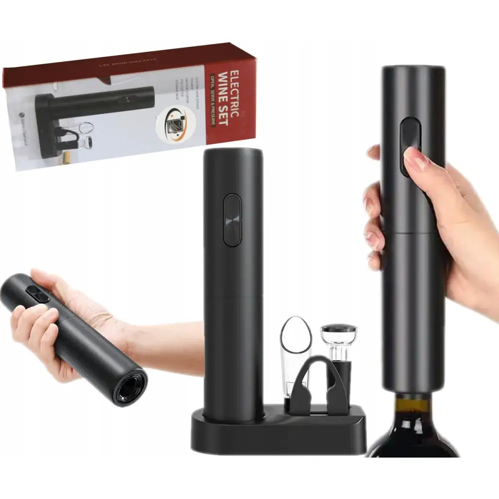 Elektrisk automatisk vinåpner i matt svart, plassert i stativ med tilbehør, brukt i hånd foran produkteske.