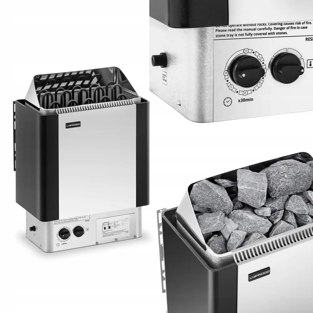 Elektrisk badstueovn i rustfritt stål, med synlige varmeelementer, vribrytere og rom for saunasteiner.