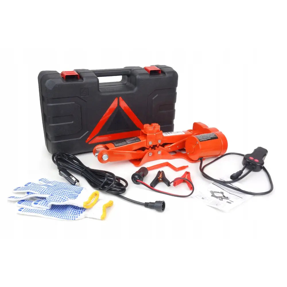 Elektrisk biljekk 3T 12V med hansker, ledninger, verktøy og sort koffert sett fra skrå forside på hvit bakgrunn.
