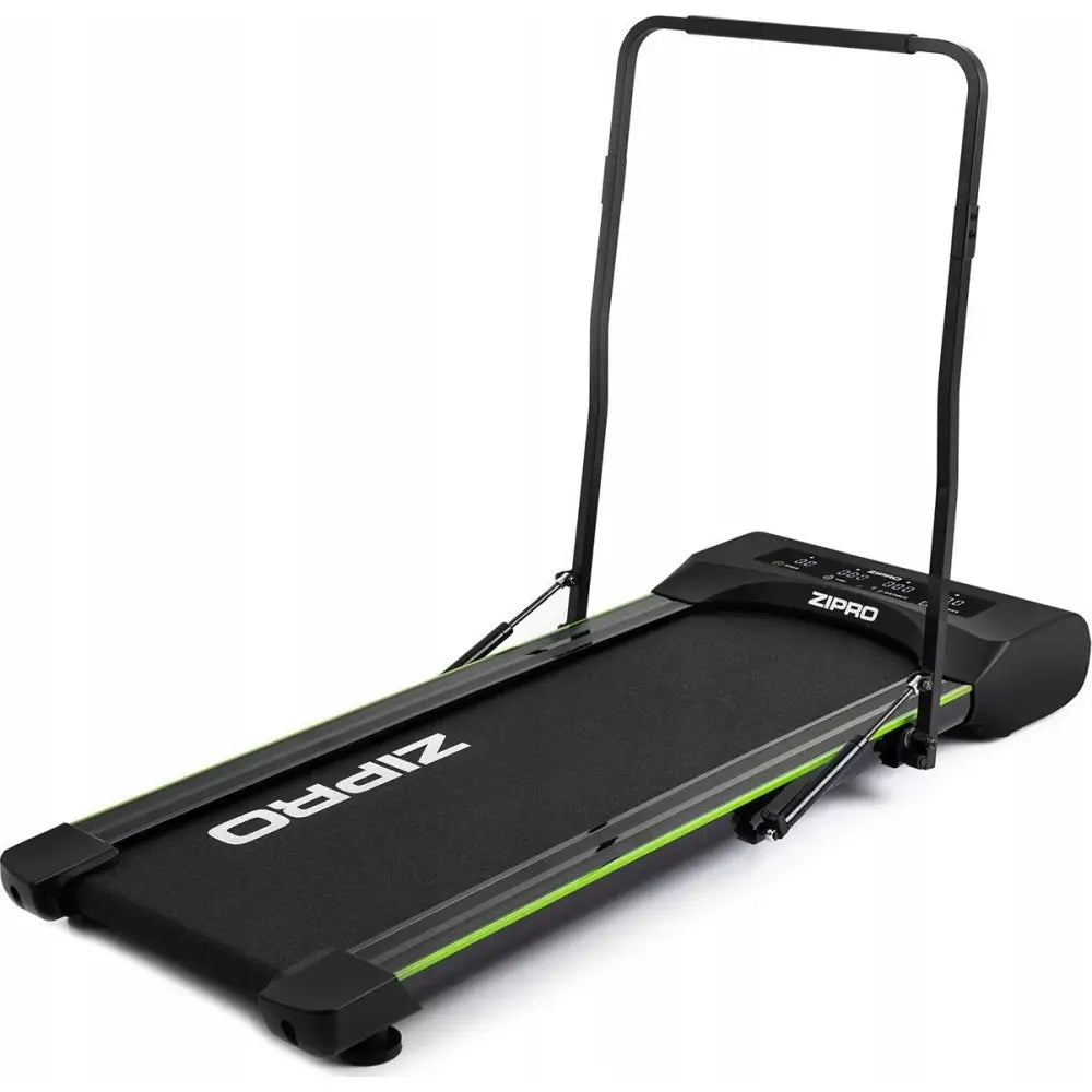 Tredemølle Zipro Lite, svart modell med grønne detaljer og rett håndtak, sett skrått forfra.
