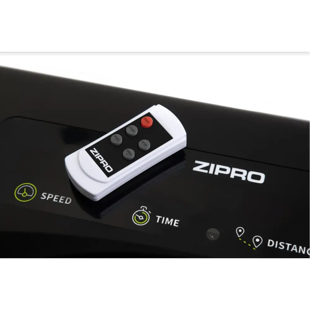 Fjernkontroll til Tredemølle Zipro Lite, plassert på svart panel med tydelige knapper og ZIPRO-logo.