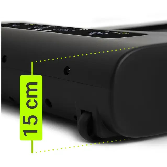 Tredemølle Zipro Lite, nærbilde av sort sidepanel med høydeindikator på 15 cm og små hjul nederst.