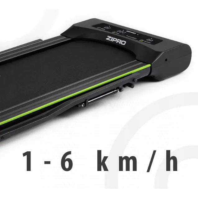Tredemølle Zipro Lite, sort modell med grønn stripe, side- og toppvisning av display og kontrollpanel, 1–6 km/t.