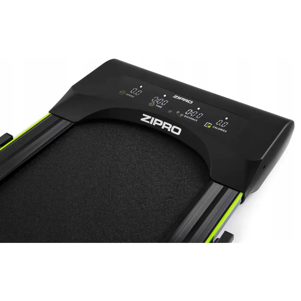 Tredemølle Zipro Lite sett ovenfra med digitalt display, grønne detaljer og synlig oversikt over treningsdata.