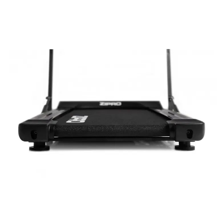 Tredemølle Zipro Lite, lav frontvinkel som fremhever løpebåndet og solide plastdetaljer mot nøytral bakgrunn.