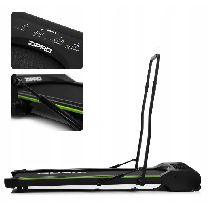 Tredemølle Zipro Lite, nærbilde av display og ramme med grønne detaljer, sammenleggbar håndbøyle.