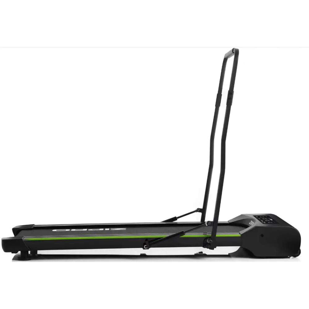 Tredemølle Zipro Lite, sidevisning av slank sort modell med grønne detaljer og rette håndtak.