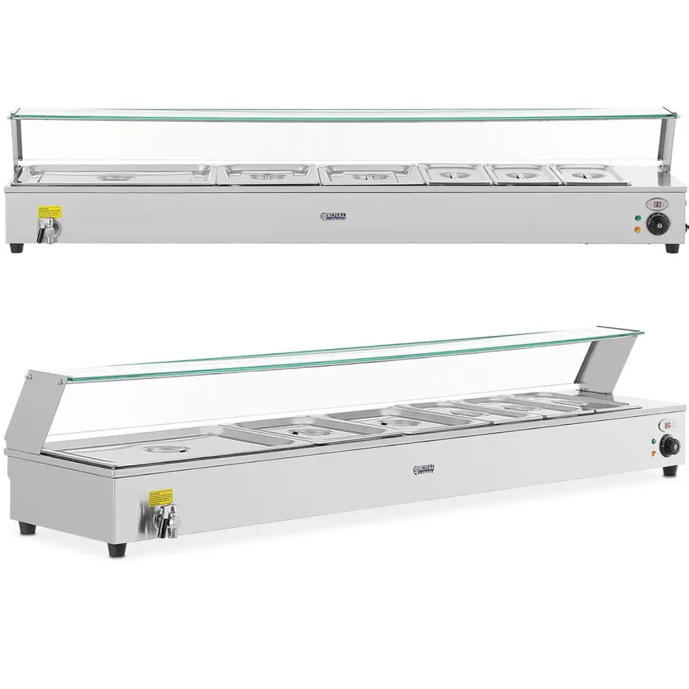 Elektrisk buffetvarmer med seks GN-beholdere, glassbeskyttelse og synlig kontrollpanel, sett fra skrå vinkel.