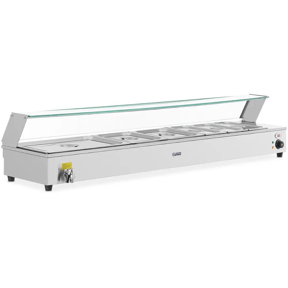 Elektrisk buffetvarmer med fem beholdere, glassbeskyttelse, tappekran og kontrollpanel sett skrått forfra.