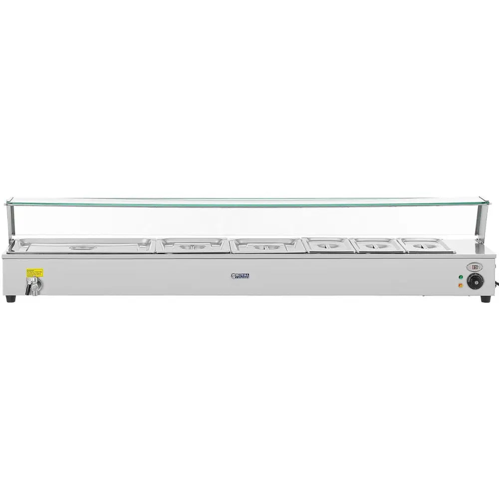 Elektrisk buffetvarmer med seks GN-beholdere, sett forfra med glassbeskyttelse og synlig kontrollpanel.