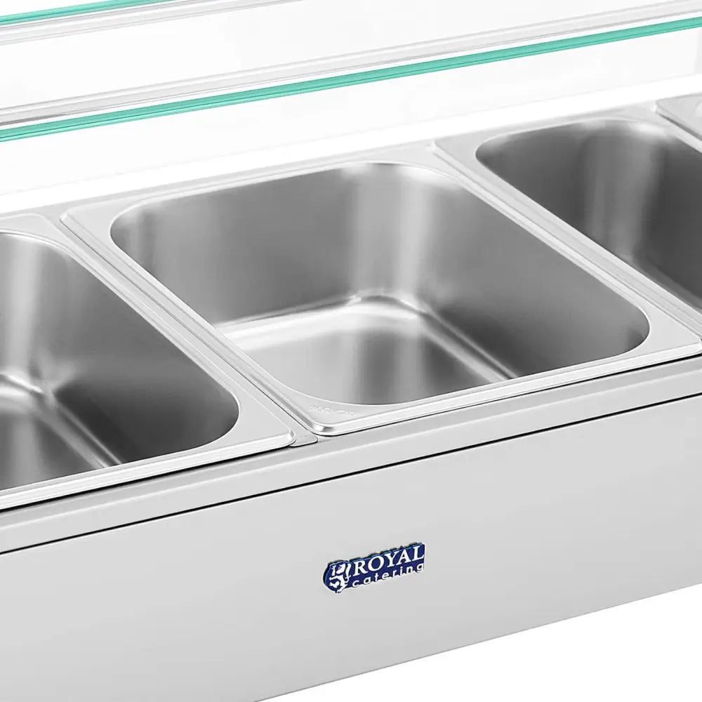 Elektrisk buffetvarmer med tre GN-beholdere, sett ovenfra, blank stål og blå Royal Catering-logo foran.