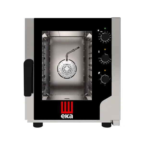 Elektrisk damp- og konveksjonsovn i rustfritt stål, front med glassdør, svarte paneler og kontrollknapper.