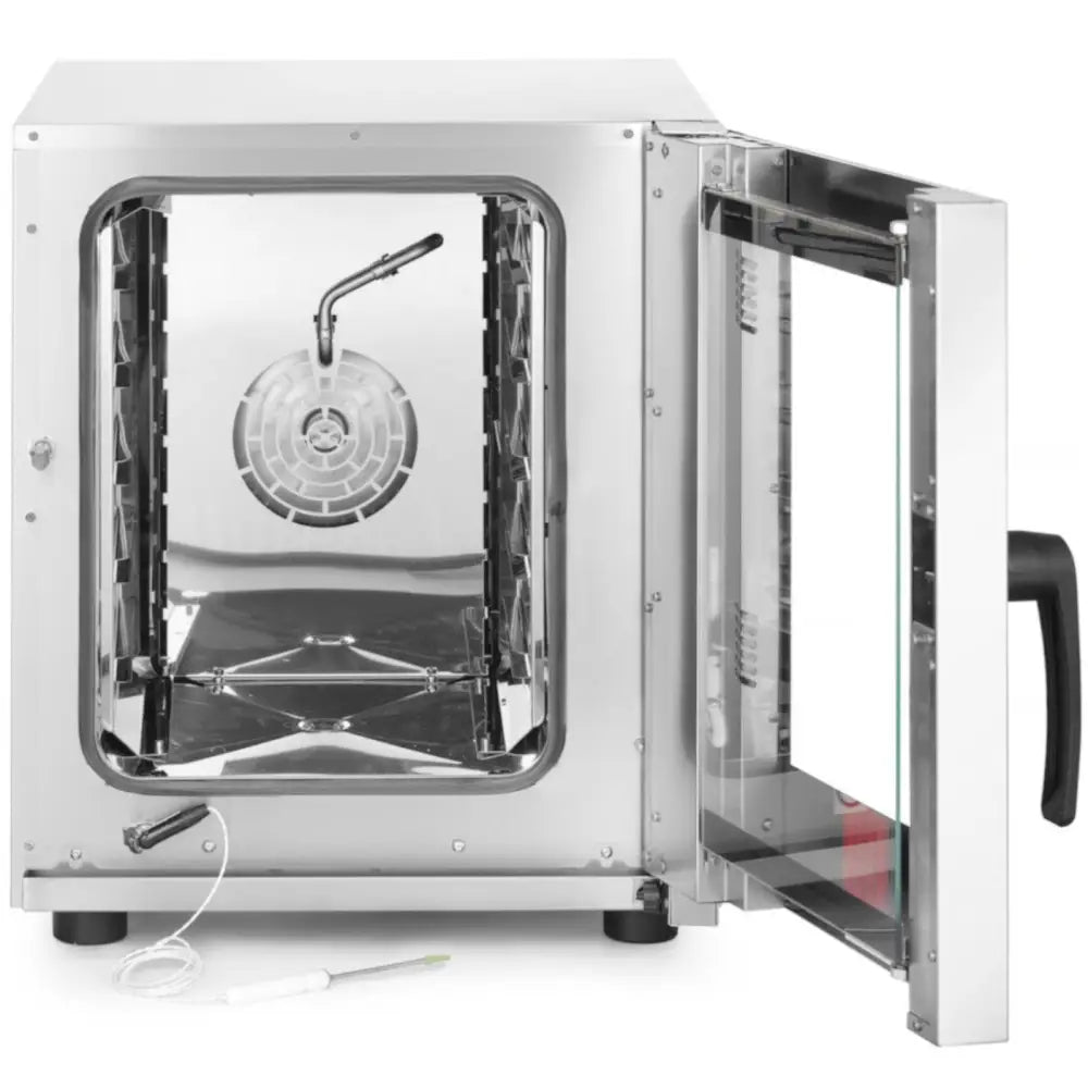 Elektrisk damp- og konveksjonsovn, frontbilde med åpen dør, synlig viftemotor, stativholdere og sensor med ledning.