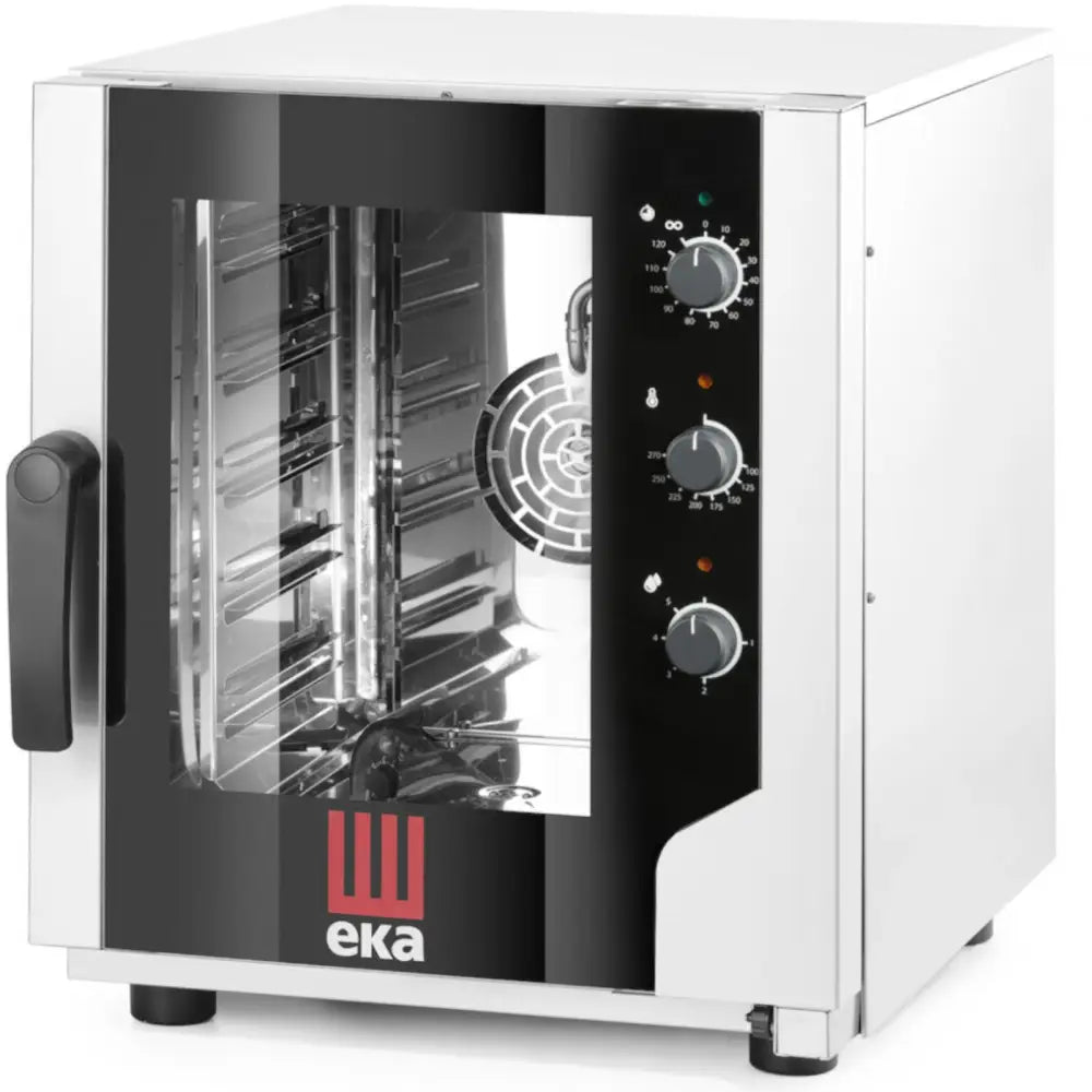 Elektrisk damp- og konveksjonsovn, skrå frontvisning med glassdør, tre brytere og synlige ovnshyller.