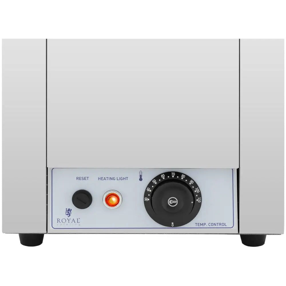 Elektrisk fondue- og sjokoladesmeltepotte, front med temperaturhjul, reset-knapp og tydelig opplyst varsellys.