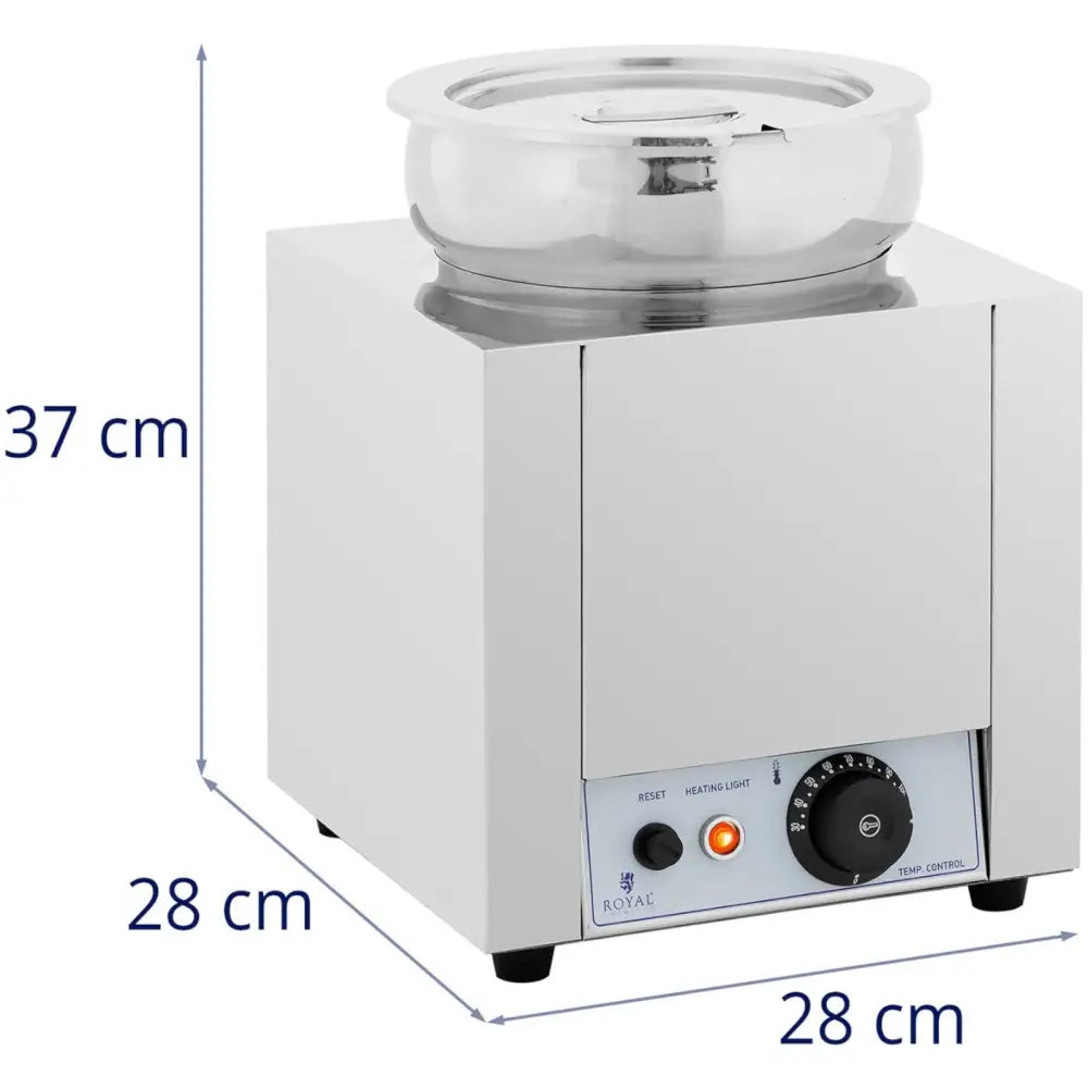 Elektrisk fondue- og sjokoladesmeltepotte, skrå vinkel viser rund beholder, lokk og digitalt kontrollpanel.