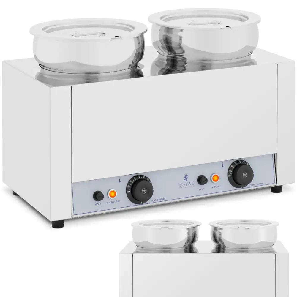 Elektrisk fonduekjele med to 7 liters beholdere, skrå forsidevisning av brytere og kontrollpanel.