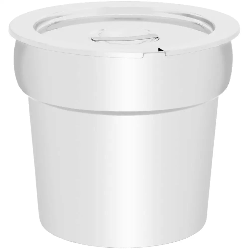 Elektrisk fonduekjele med varmestasjon, hvit plastbeholder med tett lokk og liten åpning, skrå vinkel.