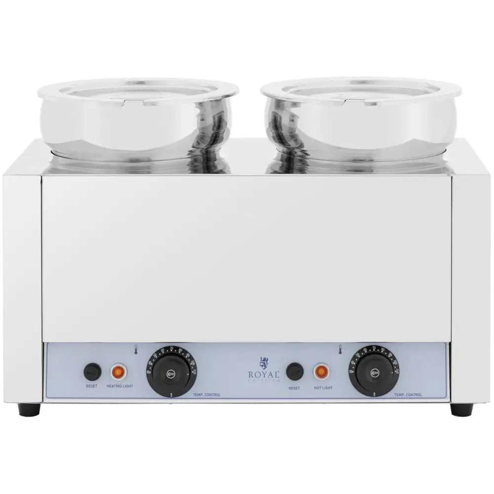 Elektrisk fonduekjele med varmestasjon, frontvisning med to runde beholdere, lokk og kontrollpanel.