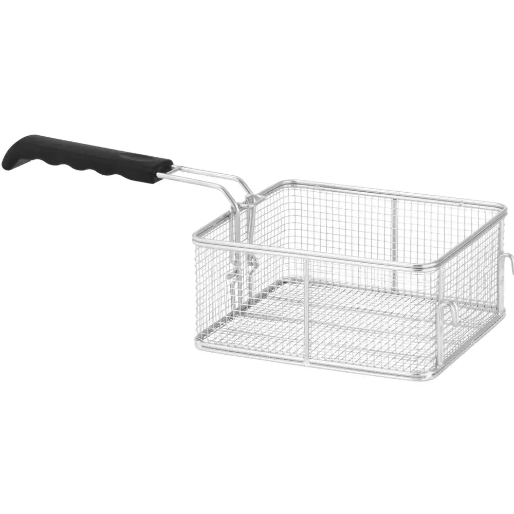 Elektrisk frityrkokerkurv i metall med nettingmønster, sett fra siden, sort plasthåndtak for sikkert grep.